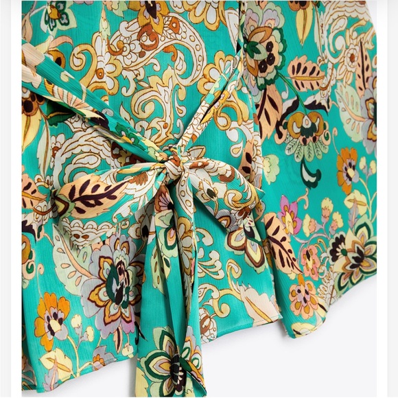 ZARA Boho Floral Kimono Oversized Blouse Top Robe Shirt Turquoise Tie Up Bow XL - Picture 6 of 16